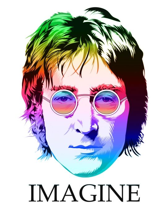 Grafika przedstawia Johna Lennona. Jego twarz pokryta jest różnymi barwami.