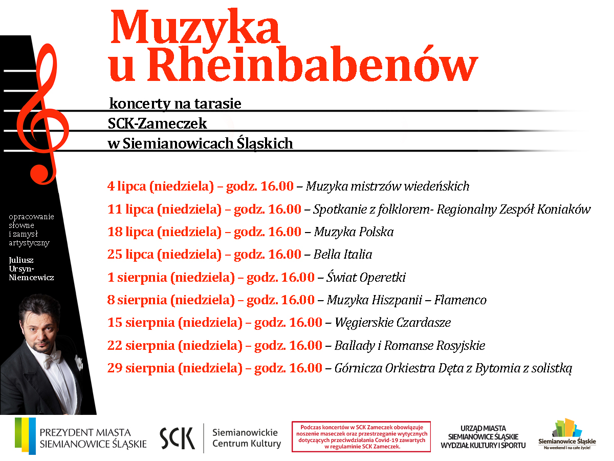 Plakat z terminami koncertów w ramach cyklu Muzyka u Rheinbabenów